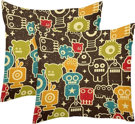 Lot de 2 housses de coussin carrées vintage motif robots et monstres 45 x 45 cm